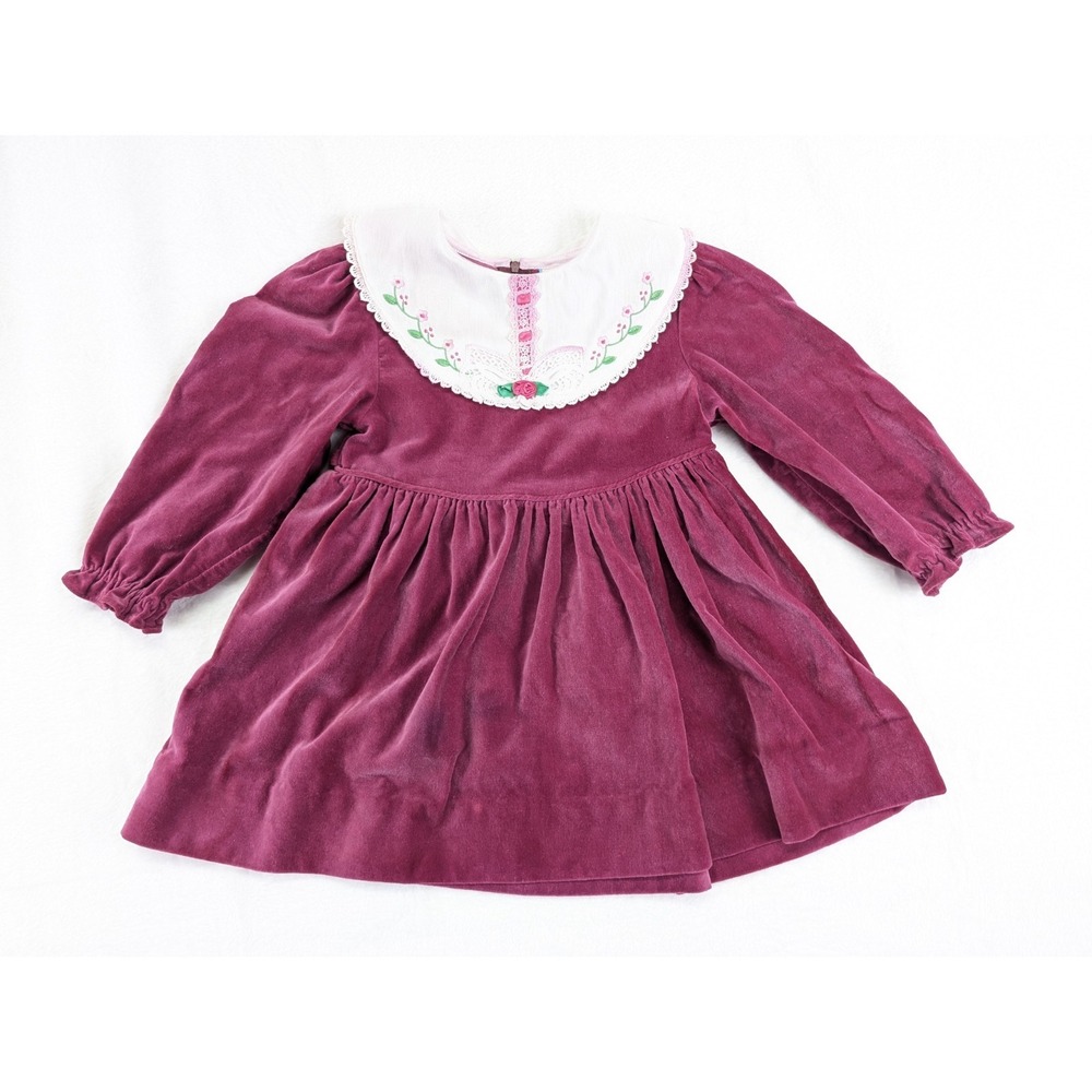Vintage Girls Velvet Dress 3T Toddler Pink Embroidered Lace Collar Fancy 80s 90s